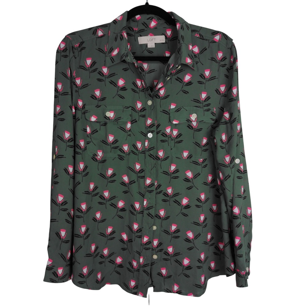 LOFT Petites Floral Utility Button Down Blouse Size LP Green Pink Tulip Shirt